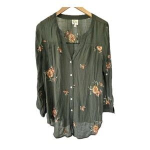 Fig & Flower Floral Sheer Embroidered Mandarin Collar Button Down Shirt 1X
